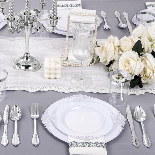 Nervure 350PCS White and Silver Plastic Plates - Silver Plastic Dinnerware Sets for 50 Guests - 100 Silver Disposable Plates, 150 Silver Plastic Silverware, 50 Cups,Napkins for Wedding & Party