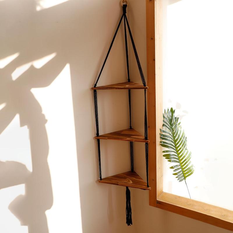 Wooden Wall Hanging Rack, 1 Count Handwoven Decorative Rack, Hanging Plant Stand For Bedroom And Living Room, Wall Shelves