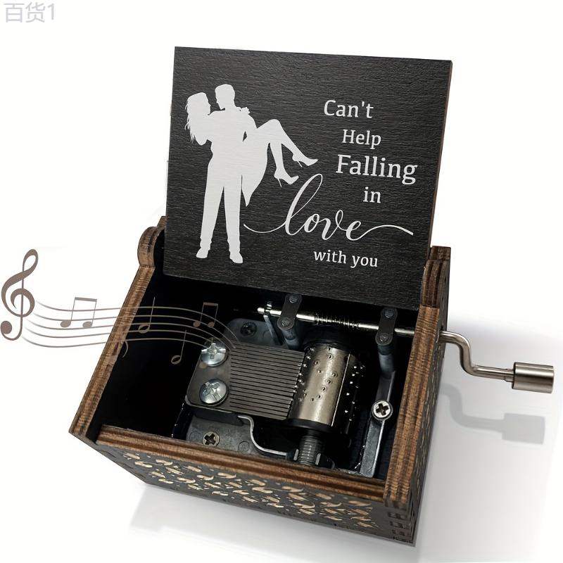 1pc Can't Help Falling In Love Music Box, For Lover Girlfriend Boyfriend Wife Husband Hand Crank Engraved Wooden Musical Boxes Gifts For Birthday Anniversary Valentine's Day, For Home Room Living Room Office Decor Ornaments