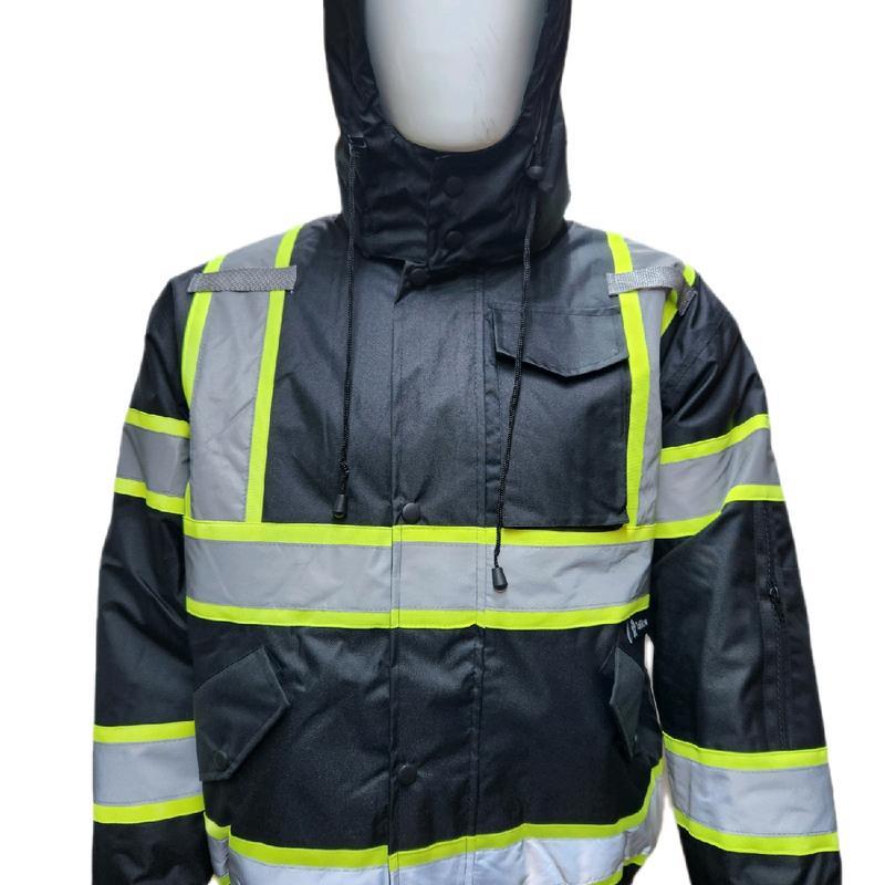 NEW High Visibility Reflective Black bomber safety rain jacket with sherpa insulation   water resistant black rain jacket (see sizing information on description)