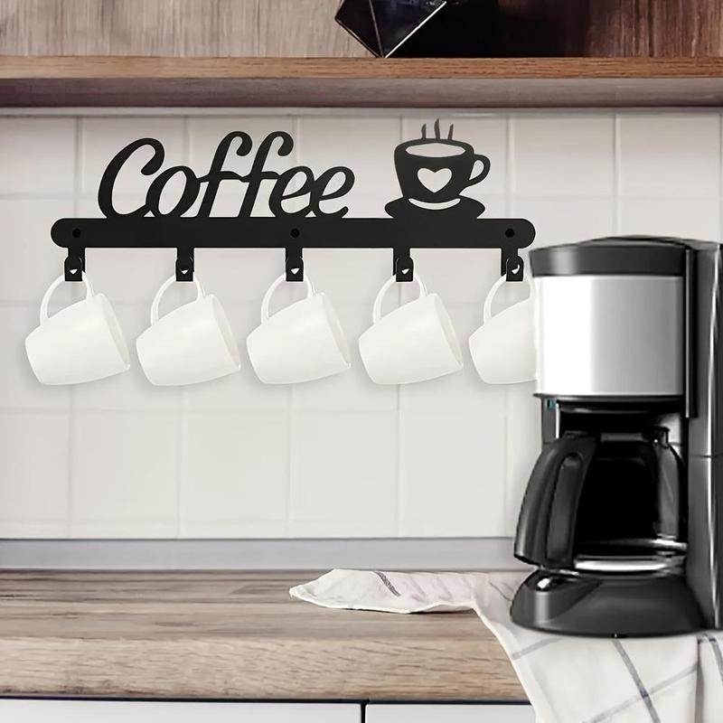 Coffee Cup Holder, 1 Count Wall Mounted  Five-hook Coffee Cup Holder, Easy Install Hanging Cup Organizer for Kitchen Decor, Coffee Bar Station Accessory