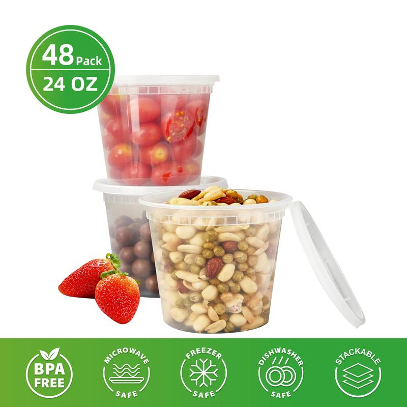 48-Pack Food Containers with Lids - 8 12 16 24 32 oz Disposable Soup Containers - Clear Plastic Sealable Takeout Food Containers , Leak-Proof