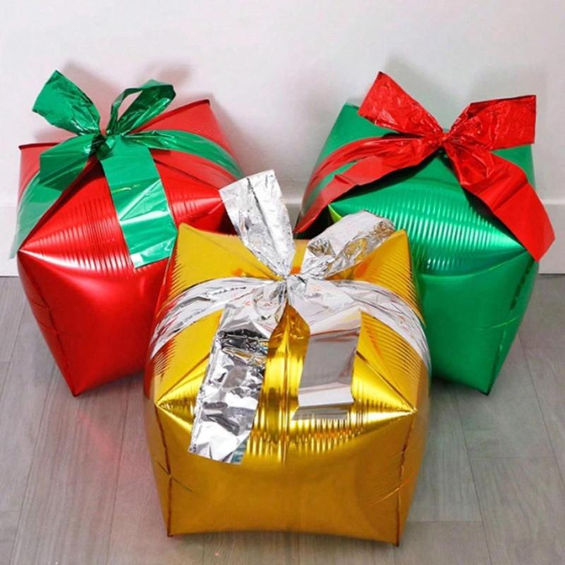 Random Color Christmas Gift Box Design Balloon, 3 Counts set Colorful Balloon with Ribbon, Party Decoration Supplies for Home Party Festival