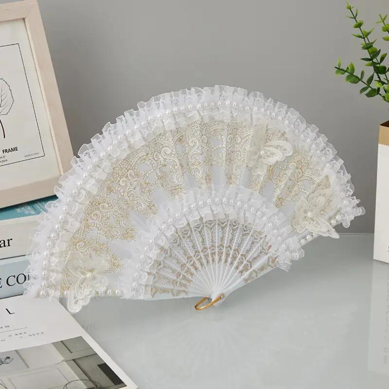 Lace Decorated Hand Fan, 1 Count Vintage Style Handheld Fan, Foldable Dance Performance Photography Props, Home Decor Supplies