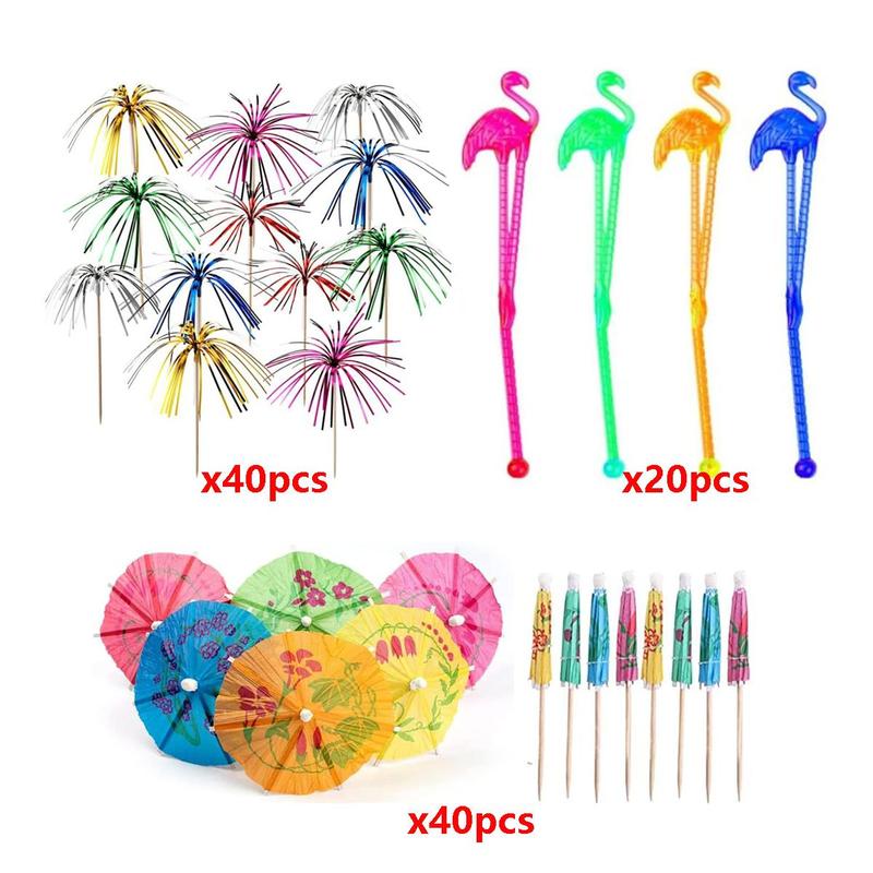 100pcs Cocktail Decoration Prop Set, Drink Topper, Umbrella, Firework, Flamingo & Tropical Plant Design Cocktail Stirring Stick & Straw Set, Bar Drink Accessories, Party Supplies