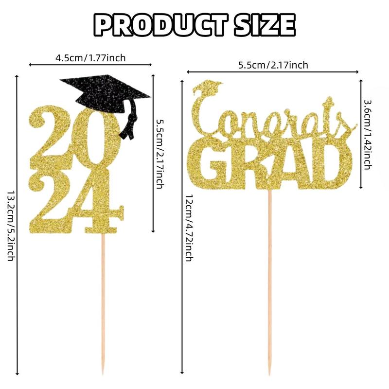 2024 Graduation Cake Topper, 12pcs set Glitter Paper Cupcake Topper, Cake Decoration for 2024 Graduation Party