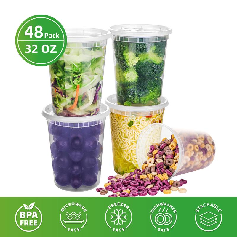 48-Pack Food Containers with Lids - 8 12 16 24 32 oz Disposable Soup Containers - Clear Plastic Sealable Takeout Food Containers , Leak-Proof