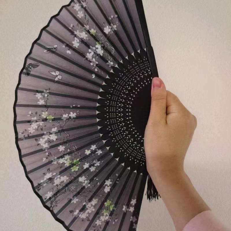 Bamboo & Silk Cloth Folding Fan, 1 Count Flower Pattern Elegant Durable Foldable Hand Fan for Men, Decorative Fan for Wedding, Party