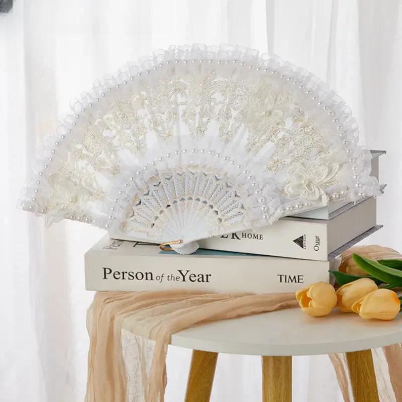 Lace Decorated Hand Fan, 1 Count Vintage Style Handheld Fan, Foldable Dance Performance Photography Props, Home Decor Supplies