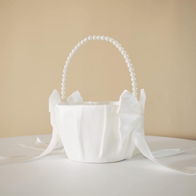 Wedding Flower Girl Basket with Cute Pearl Handle Bowknot Satin Flower Baskets for Wedding Ceremony - Ivory