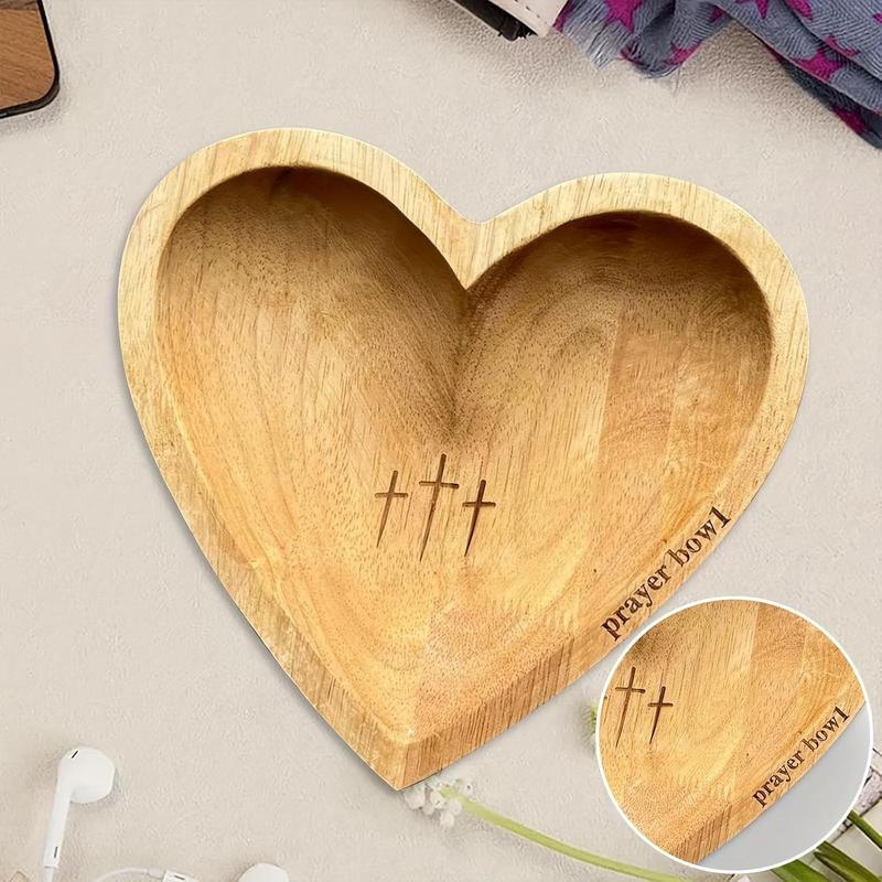 Wooden Heart Shaped Prayer Bowl, Vintage Prayer Bowls with Cross & Letter, Religious Decoration for Living Room, Prayer Room