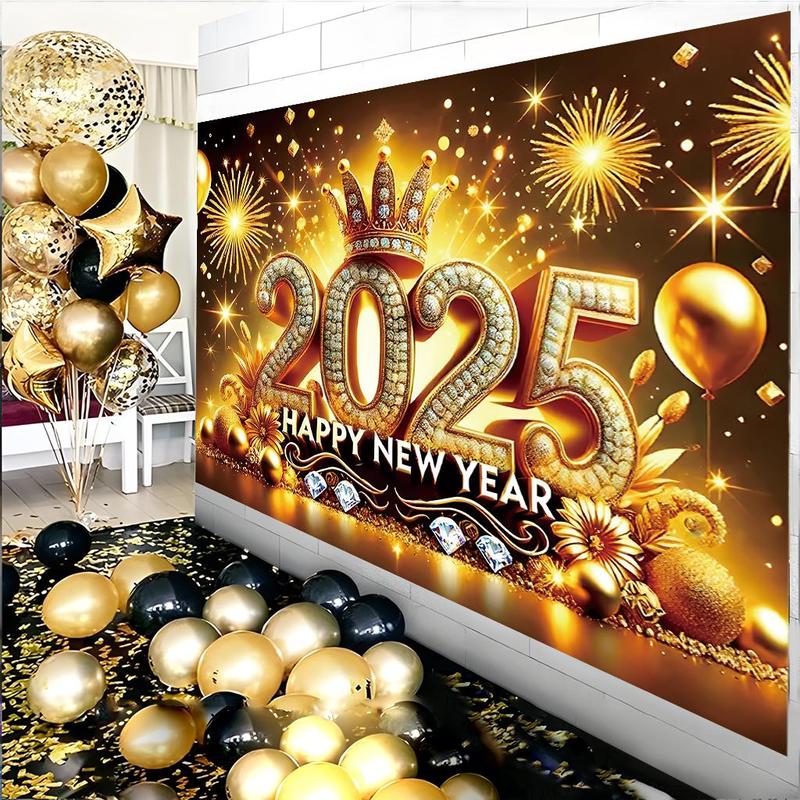 Happy New Year Themed Background, 1 Count 2025 New Year Celebration Background, Party Decoration Supplies for Home Living Room Bedroom Kitchen