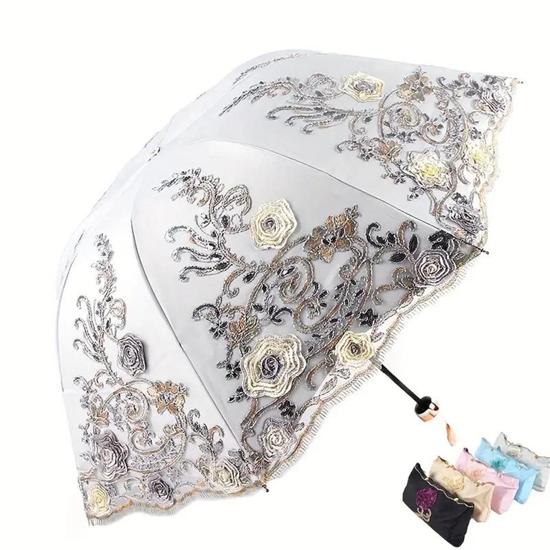 Vintage Lace Floral Decor Umbrella, 1 Count Exquisite Rose Pattern Umbrella, Sunny and Rain Dual-use Umbrella for Women & Girls, Gift for Friend