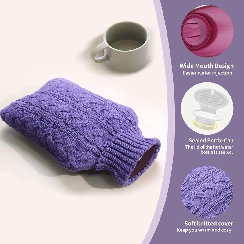 Hot Water Bottle with Knitted Cover, 2L Hot Water Bag for Hot and Cold Compress, Hand Feet Warmer, Ideal for Menstrual Cramps, Neck and Shoulder Pain Relief, Purple Cup