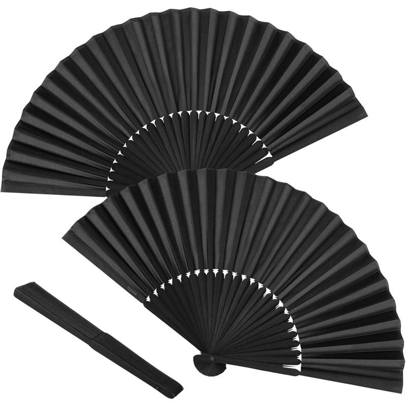 2 Pack Bamboo Silk Folding Fan Handheld,Vintage Retro Fabric Fans, Black Hand Fan for Performance, Dance, Fighting, Wedding,Party & Gift