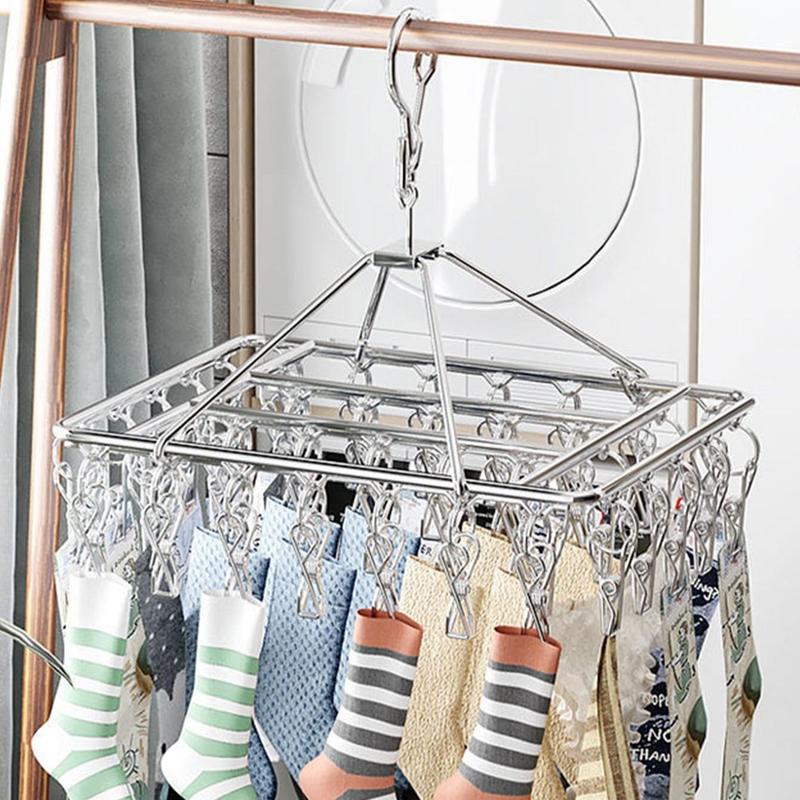 Stainless Steel Windproof Sock & Underwear Drying Rack, Multifunctional Clothes Drying Rack with Rotating Hook, Laundry Tools & Accessories