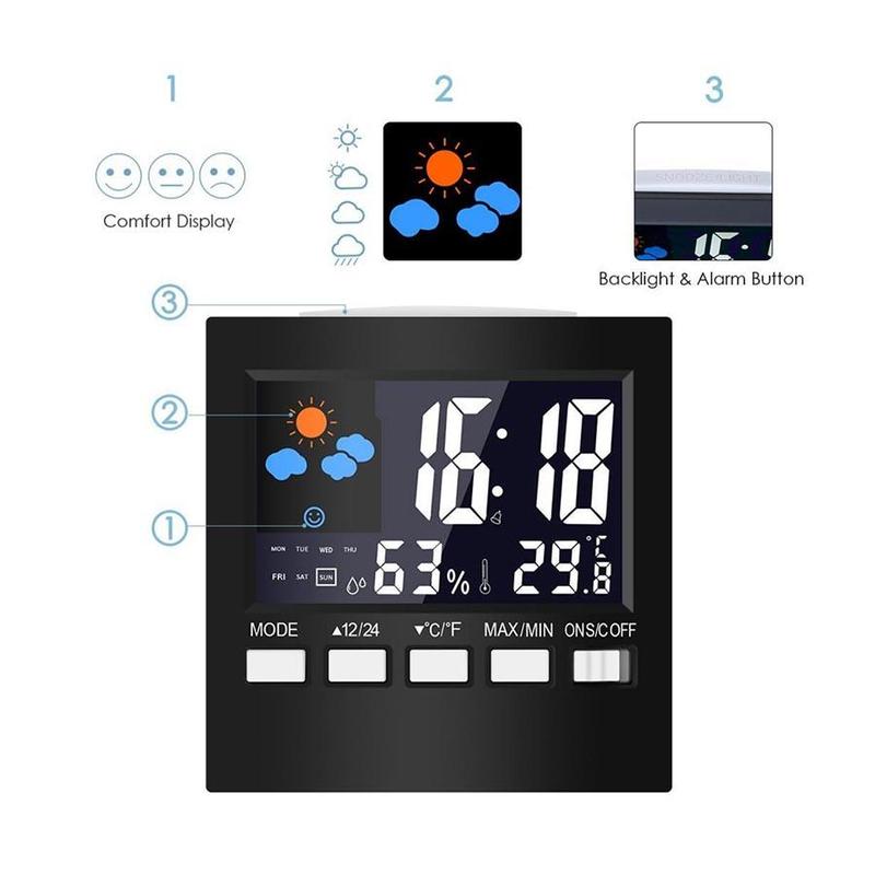 Color Display Digital Atomic Alarm Clock, Battery Powered LED Backlight Atomic Desk Clock, Indoor Temperature and Humidity Clock for Home Office