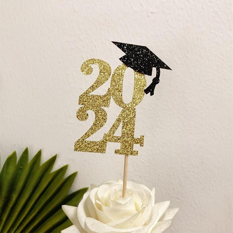 2024 Graduation Cake Topper, 12pcs set Glitter Paper Cupcake Topper, Cake Decoration for 2024 Graduation Party