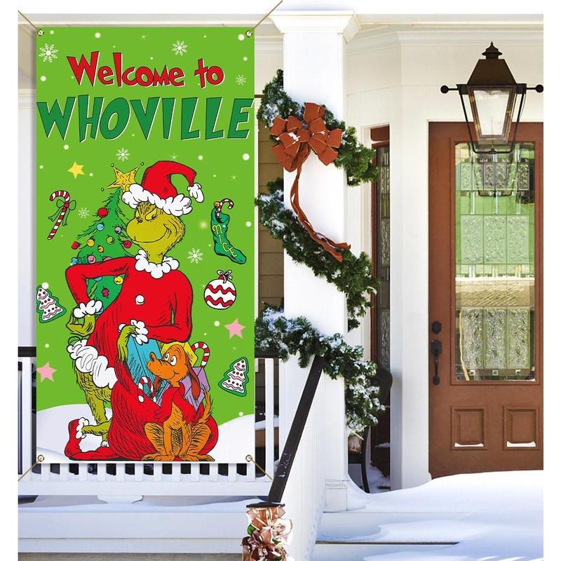 Welcome to Whoville Christmas Door Cover Green  Xmas Winter Holiday Party Decoration Backdrop Door Hanging Banner (Green-B)