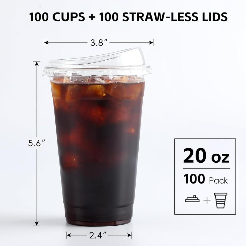 20 oz. - 100 Sets Crystal Clear Plastic Cups With Strawless Sip-Lids, BPA Free Disposable Plastic  ` Pet