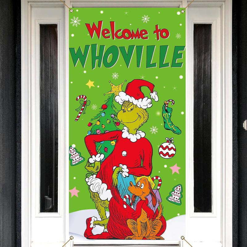 Welcome to Whoville Christmas Door Cover Green  Xmas Winter Holiday Party Decoration Backdrop Door Hanging Banner (Green-B)