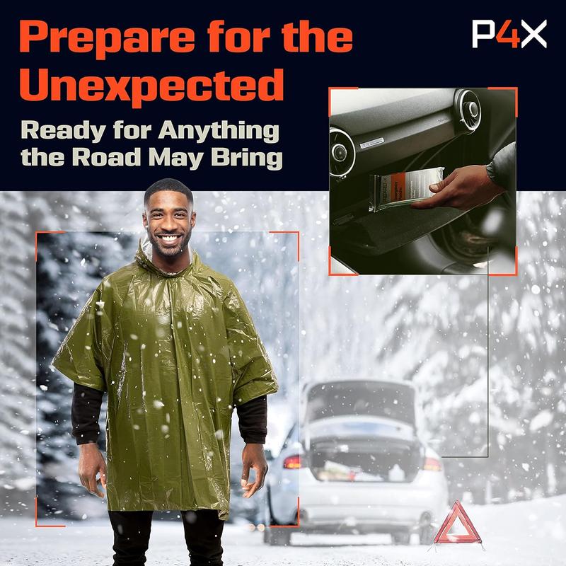 PREPARED4X Emergency Rain Poncho with Mylar Blanket Liner - Survival Blankets for Car - Heavy Duty, Waterproof Camping Gear