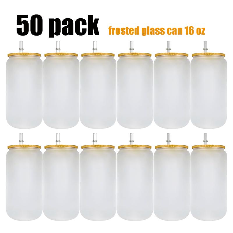 50pack sold by case,Clear and frosted blank sublimation 16oz can with bamboo lid and straw glass can for UV DTF wraps drinking glass Drinkware Plastic