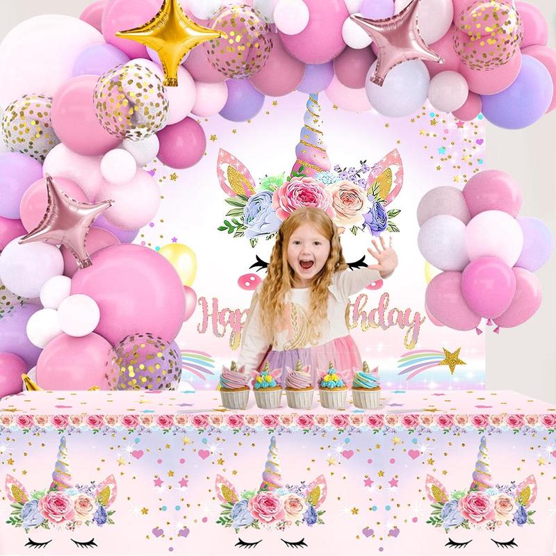 Unicorn Theme Balloon Arch Kit, 81pcs set Colorful Lovely Balloon Garland Arch & Tablecloth & Backdrop Kit, Party Supplies for Birthday Graduation Baby Shower