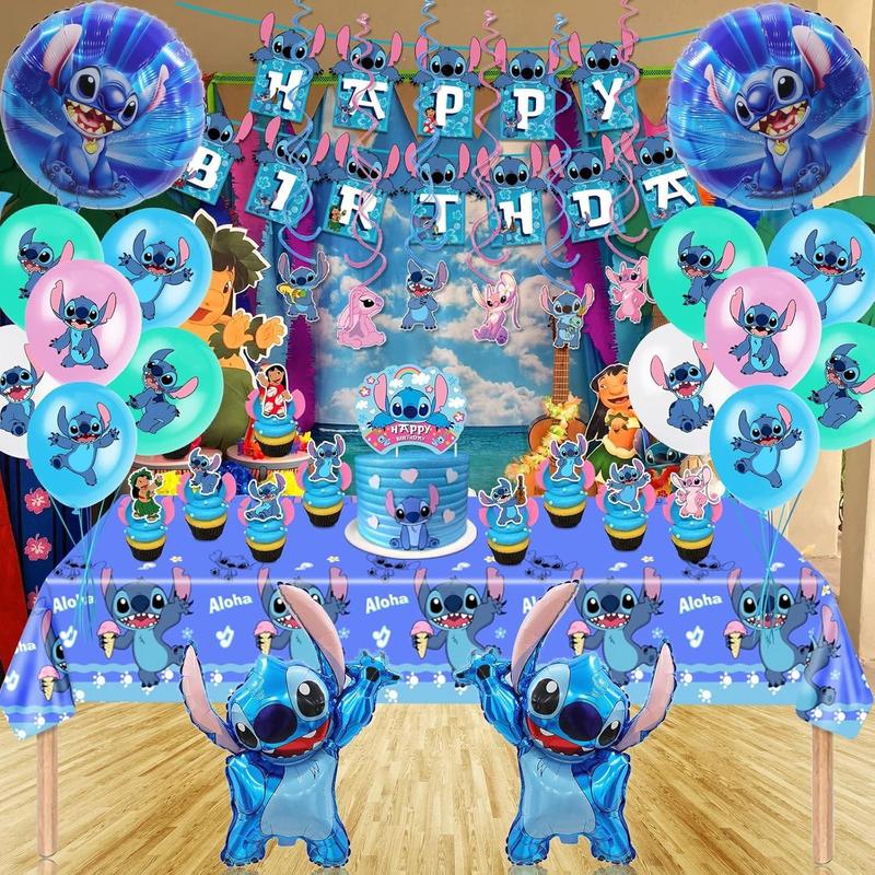 Stitch Party Supplies, 103 count Birthday Decorations Set Include Banner, Balloons, Stickers, Hanging Swirls, Cake Cupcake Toppers, Tablecloth for Boys Girls Stitch Theme Party