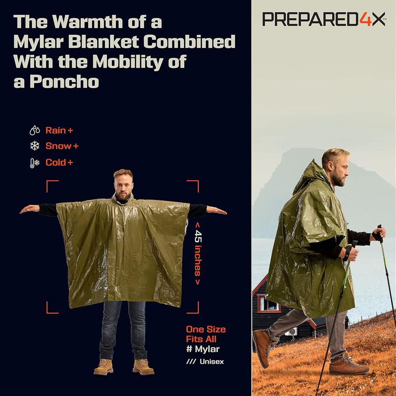 PREPARED4X Emergency Rain Poncho with Mylar Blanket Liner - Survival Blankets for Car - Heavy Duty, Waterproof Camping Gear