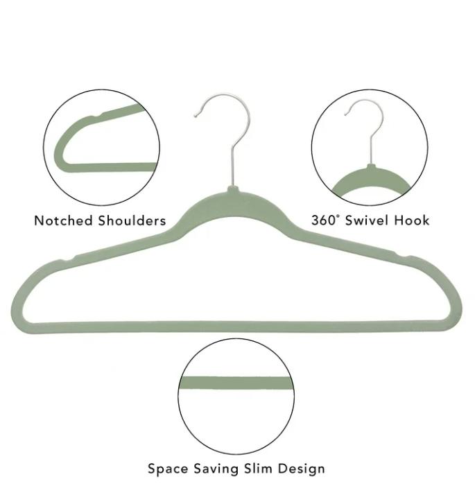 Velvet Adult Clothing Hangers, 100 Pack, Green, Non-Slip, Space Saving Organiser Hook