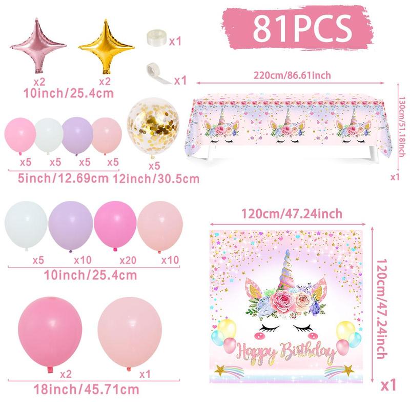 Unicorn Theme Balloon Arch Kit, 81pcs set Colorful Lovely Balloon Garland Arch & Tablecloth & Backdrop Kit, Party Supplies for Birthday Graduation Baby Shower