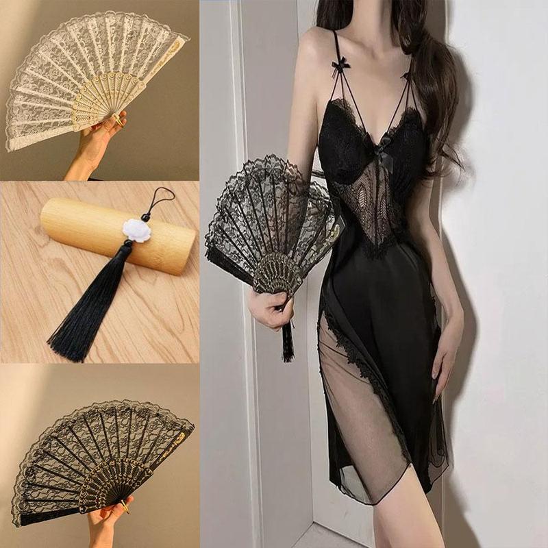 Chinese Style Floral Embroidered Lace Hand Fan, 1 Count Tassel Decor Handheld Fan for Summer, Home Decor Supplies