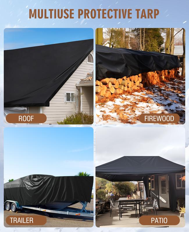 HIRALIY 20 Mil Tarp, Tarps Heavy Duty Waterproof, Black Tarpaulin with Reinforced Webbing Loops, Multi-Purpose Large Oxford Canvas Tarp for Firewood, Roof, Camping, Pool