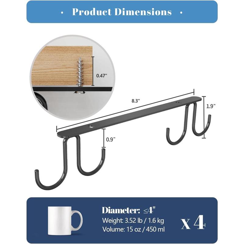 Mug Hooks Under Cabinet 3 Pack, Cup Hooks for Hanging Under Shelf, Mug Organizer Rack with 12 Hooks for Displaying Mugs, Cups and Kitchen Utensils, Black