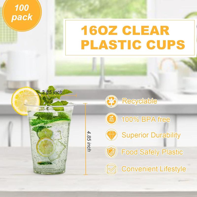 100 Count - 16 Ounce Plastic Cups, Ice Coffee Cups To Go - Crystal Clear PET Party Cups Disposable Pack