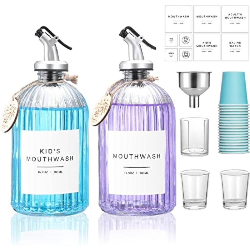 Glass Mouthwash Dispenser, 2 Pack 16.9oz Glass Bottles with Pour Spouts, 2 Reusable, 21 Paper Cups with Holder, Funnel and Labels, Refillable Bottles Container with Wooden Tag