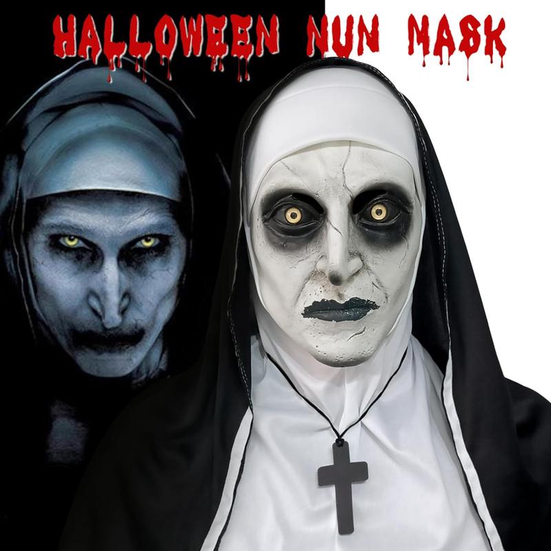 Nun Costume Mask 2023  Version - Realistic Latex Mask with Headgear and Cross Necklace for Halloween Night (ShutMouth)