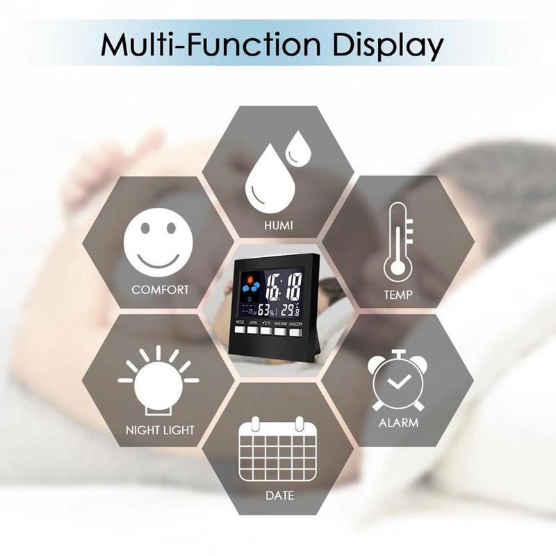 Color Display Digital Atomic Alarm Clock, Battery Powered LED Backlight Atomic Desk Clock, Indoor Temperature and Humidity Clock for Home Office