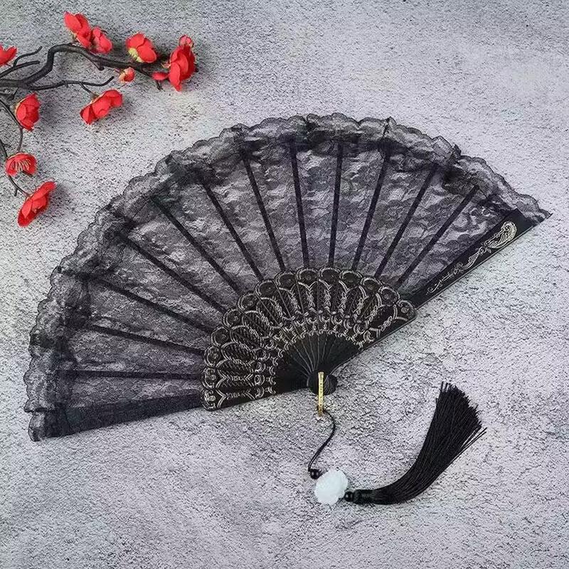 Chinese Style Floral Embroidered Lace Hand Fan, 1 Count Tassel Decor Handheld Fan for Summer, Home Decor Supplies