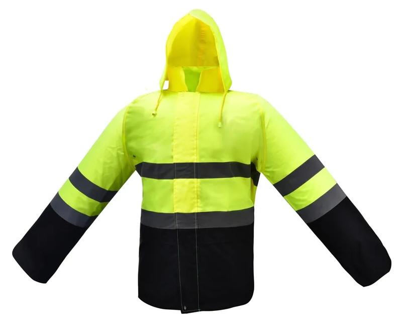 Hi Visibility unlined Safety reflective Rain Jacket  with hoodie SEE DESCRIPTION FOR SIZES INFORMATION  (Jacket) Unlined water resistant jacket