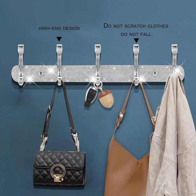 Coat Rack Mount, Shiny Silver Rhinestones Wall Mounted 5 Hooks Key Hooks Decorative Organiser Laundry Stainless Hangable