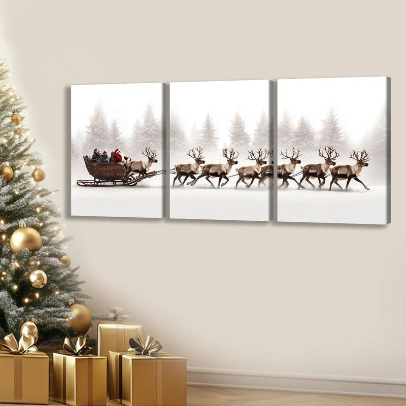 Christmas Themed Wooden Framed Canvas Painting, 3 Counts set Vintage Wall Poster, Wall Art for Home Living Room Bedroom Office Decor