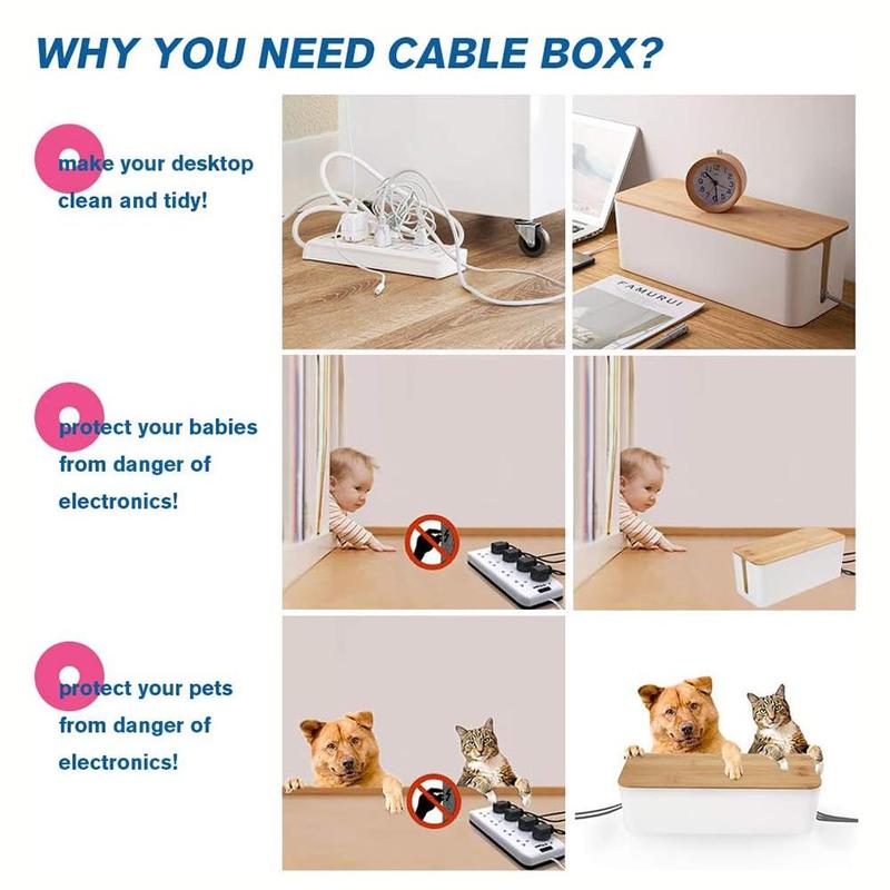 Cable Management Box, 1 Count Cord Organizer Box, Cord Hider Box with Wooden Lid, Data Cable Storage Box for Desk TV Computer USB HUB