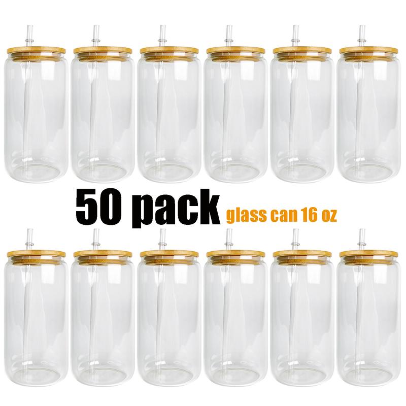 50pack sold by case,Clear and frosted blank sublimation 16oz can with bamboo lid and straw glass can for UV DTF wraps drinking glass Drinkware Plastic