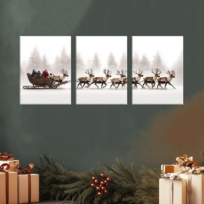 Christmas Themed Wooden Framed Canvas Painting, 3 Counts set Vintage Wall Poster, Wall Art for Home Living Room Bedroom Office Decor