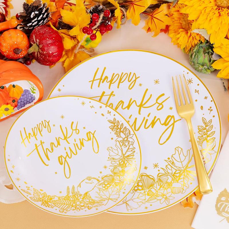 Nervure 175 Pcs Thanksgiving Plastic Plates - White and Gold Plates Disposable Includes 25 Dinner Plates,25 Dessert Plates, 25 Knives, 25 Forks, 25 Spoons, 25 Cups, 25 Napkins Perfect for Party