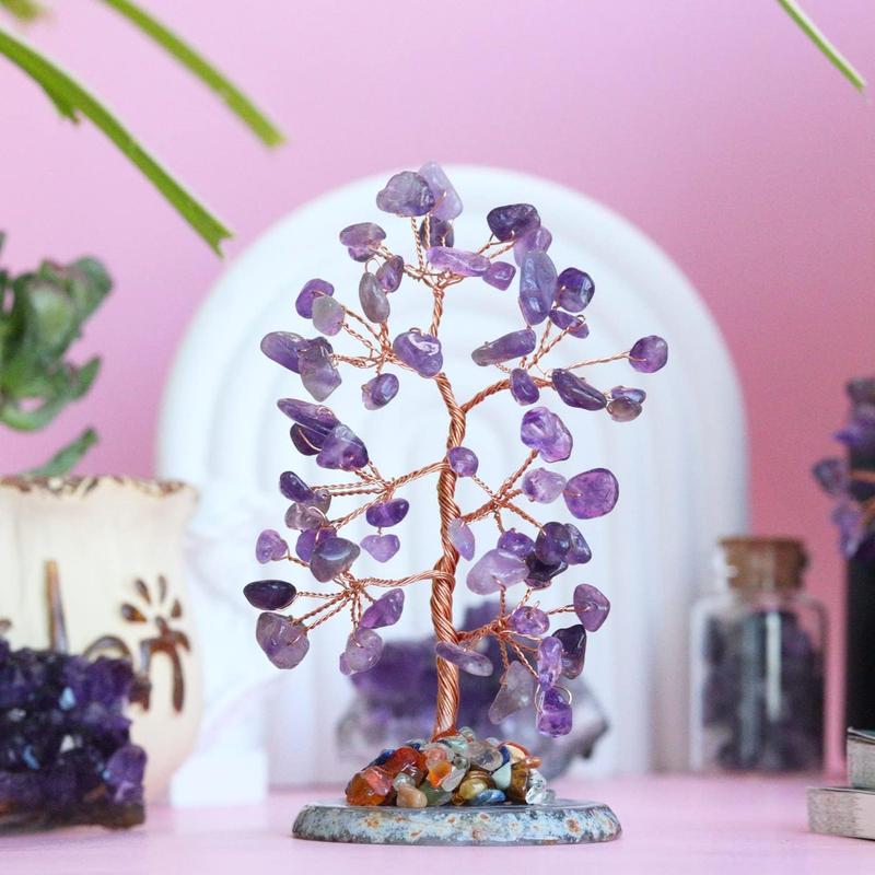 Healing Crystal Tree of Life Natural Gemstone Agate Slice Base Copper Wire Wrapped Money Trees Feng Shui Reiki Spiritual Energy Decorations Home Office Room Desk Decor Gifts for Women Men