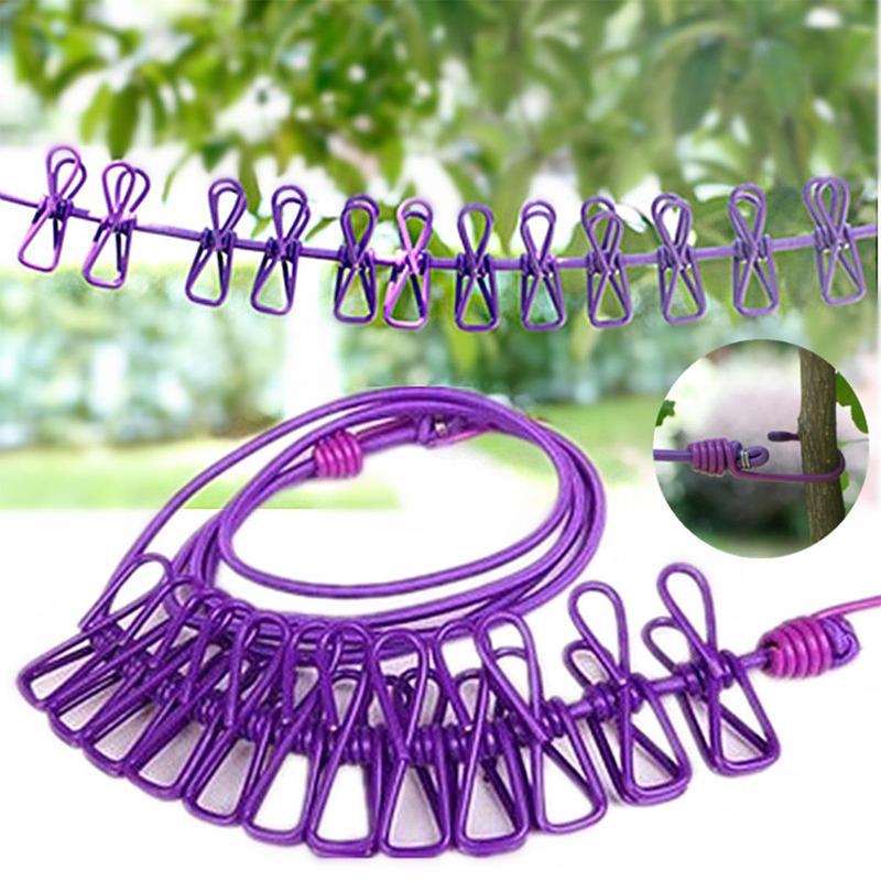 Travel Retractable Travel Clothesline With 12 Clothes Clips, 1 Count Portable Stretchy Elastic Camping Clothes Line For Outdoor Camping Music Festival Or Indoor Laundry Use Multicolor