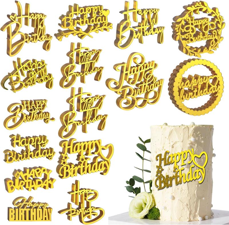 120   Happy Birthday Cake Toppers Mirror  Cake Topper Cake Decorations Cake Inserts Cake Decorating Supplies Cupcake Toppers for Birthday Party Cake Desserts Pastries 15 Styles